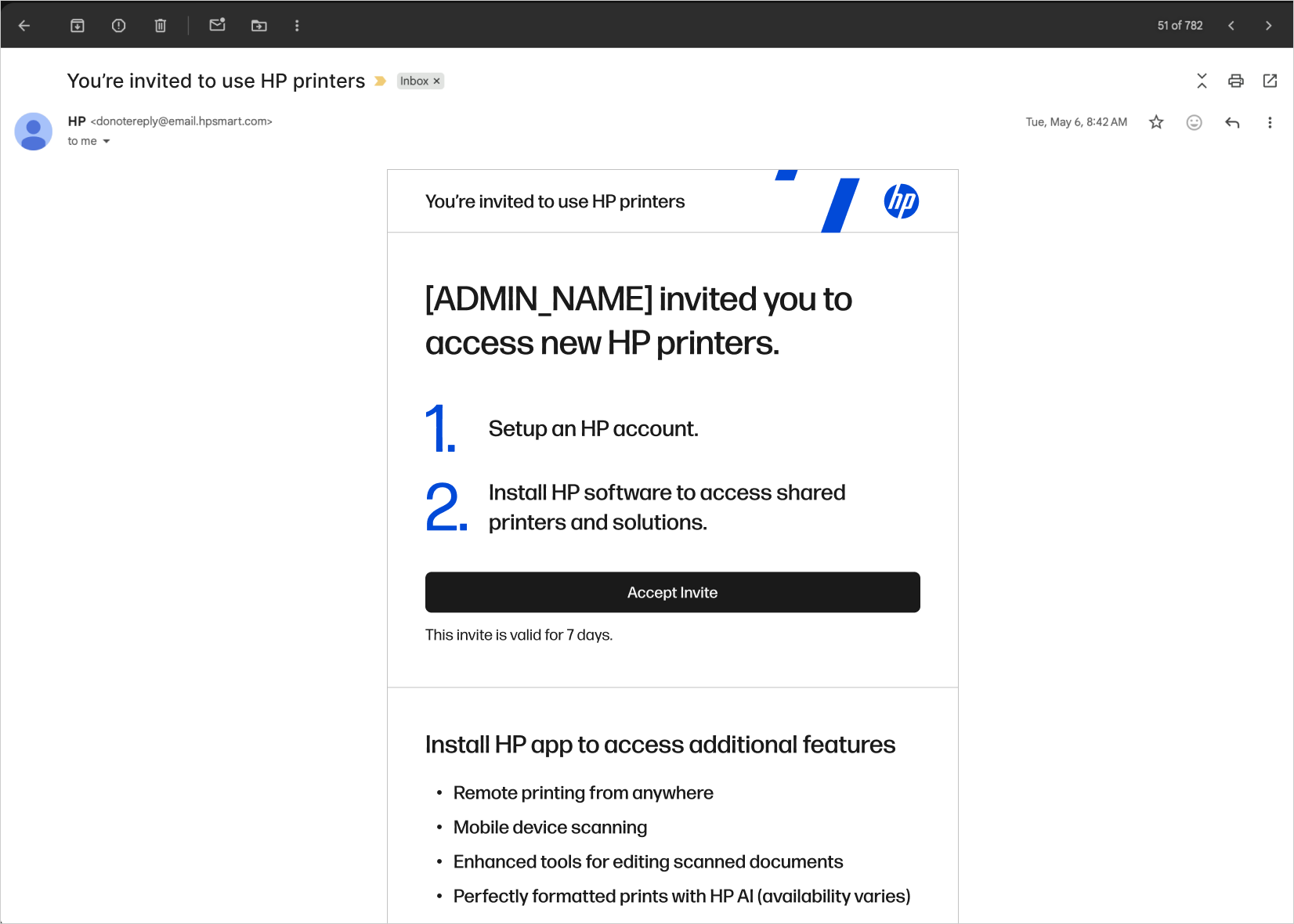 Invitation email after
